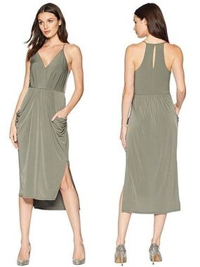 BCBGeneration V Neck Drape Hourglass Midi Dress with Pockets Olive Green XS